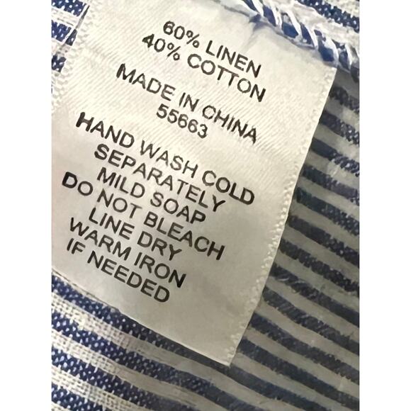 For Cynthia Linen Blend Cover Up Top Tunic Blue Striped Roll Tab Sleeves Size M - Picture 9 of 9